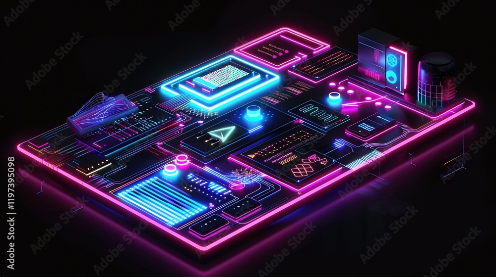 Fototapeta premium Futuristic neon digital technology circuit board with glowing geometric polygon shapes in a abstract 3D render background