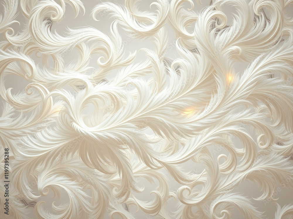 Abstract feather pattern with intricate white and beige designs, featuring delicate wisps and swirling shapes reminiscent of feathers in flight, feathers, beige tones, natural motifs Abstract feather pattern with intricate white and beige designs, featuring delicate wisps and swirling shapes reminiscent of feathers in flight, feathers, beige tones, natural motifs