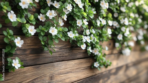 Wooden fence adorned with vibrant greenery and small white flowers in natural...