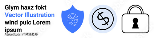 Shield with fingerprint, circle with dollar sign, and lock secured. Ideal for security settings, privacy policies, financial protection, identity verification, online payments, digital locks data