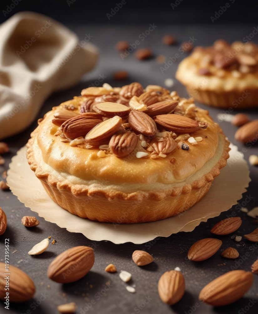 A delicate pastry filled with nuts and spices, topped with toasted almonds, almonds, dessert A delicate pastry filled with nuts and spices, topped with toasted almonds, almonds, dessert