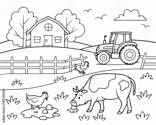 farm in the countryside coloring page for children, outline, education, line, outline, art, sketch