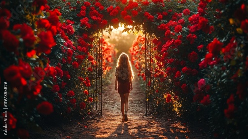Charming garden pathway framed by blooming roses and wrought iron gate in a s...