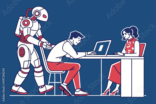 Humans and robots working together, office setting, blue background, flat illustration style, minimalist design, collaborative workspace, AI and human interaction, futuristic workplace, contrasting re