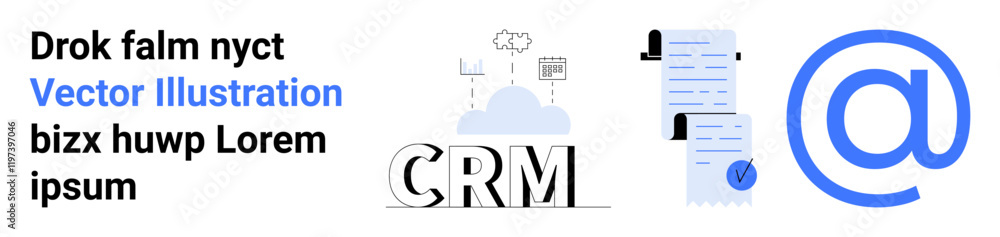 Text with CRM concept, cloud computing icon, document checklist, and large email symbol. Ideal for CRM systems, cloud solutions, document management, email marketing, digital strategies, business Text with CRM concept, cloud computing icon, document checklist, and large email symbol. Ideal for CRM systems, cloud solutions, document management, email marketing, digital strategies, business