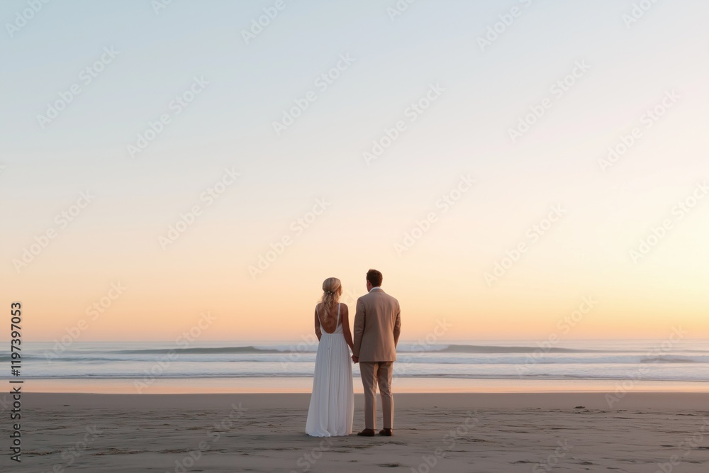 Fototapeta premium A couple standing on a beach at sunset. The man is wearing a suit and the woman is wearing a dress. They are holding hands and looking out at the ocean