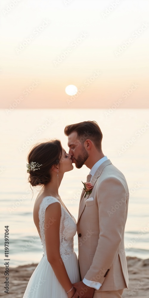 A bride and groom kiss on the beach. The bride is wearing a white dress and the groom is wearing a tan suit. The sun is setting in the background, creating a romantic and serene atmosphere A bride and groom kiss on the beach. The bride is wearing a white dress and the groom is wearing a tan suit. The sun is setting in the background, creating a romantic and serene atmosphere