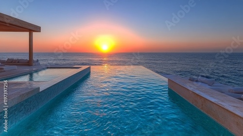 Beautiful sunset over the ocean from an infinity pool with tranquil waters in...