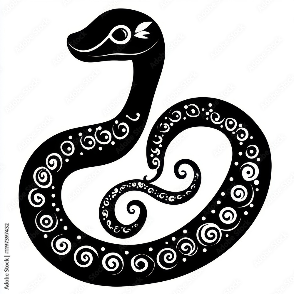 Fototapeta premium Black and white decorative snake illustration with swirling patterns.