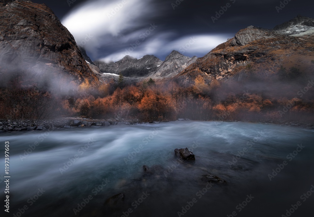 Experience the serene rivers and majestic mountains of Western Sichuan's Great Beauty during early morning mist Experience the serene rivers and majestic mountains of Western Sichuan's Great Beauty during early morning mist