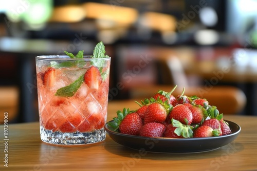 Refreshing strawberry cocktail with fresh strawberries on a wooden table at a...