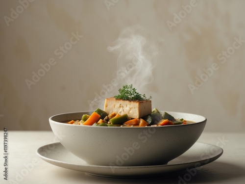 Steaming Bowl Of Tofu And Vegetable Stew photo