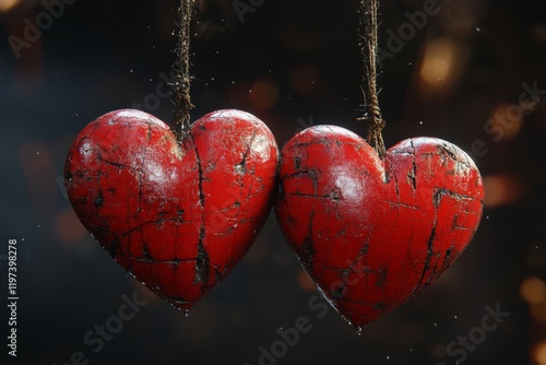 Unique Heart-Shaped Ornaments Hang from a Branch in a Frosty Winter Wonderlan...