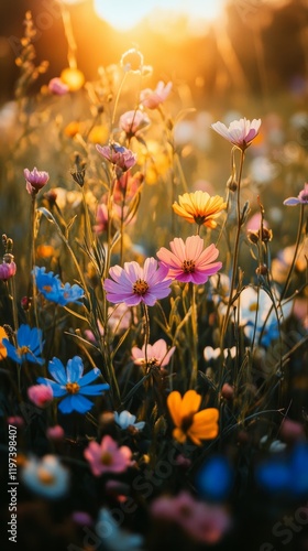 Colorful wildflowers bloom in a vibrant meadow during sunset near a tranquil ...