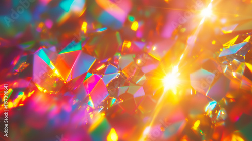 Explosive burst of golden light rays with vivid rainbow prism reflections ideal for inspirational designs, spiritual themes, and vibrant background applications photo