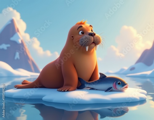 Cartoon Walrus with Fish on Ice Floe