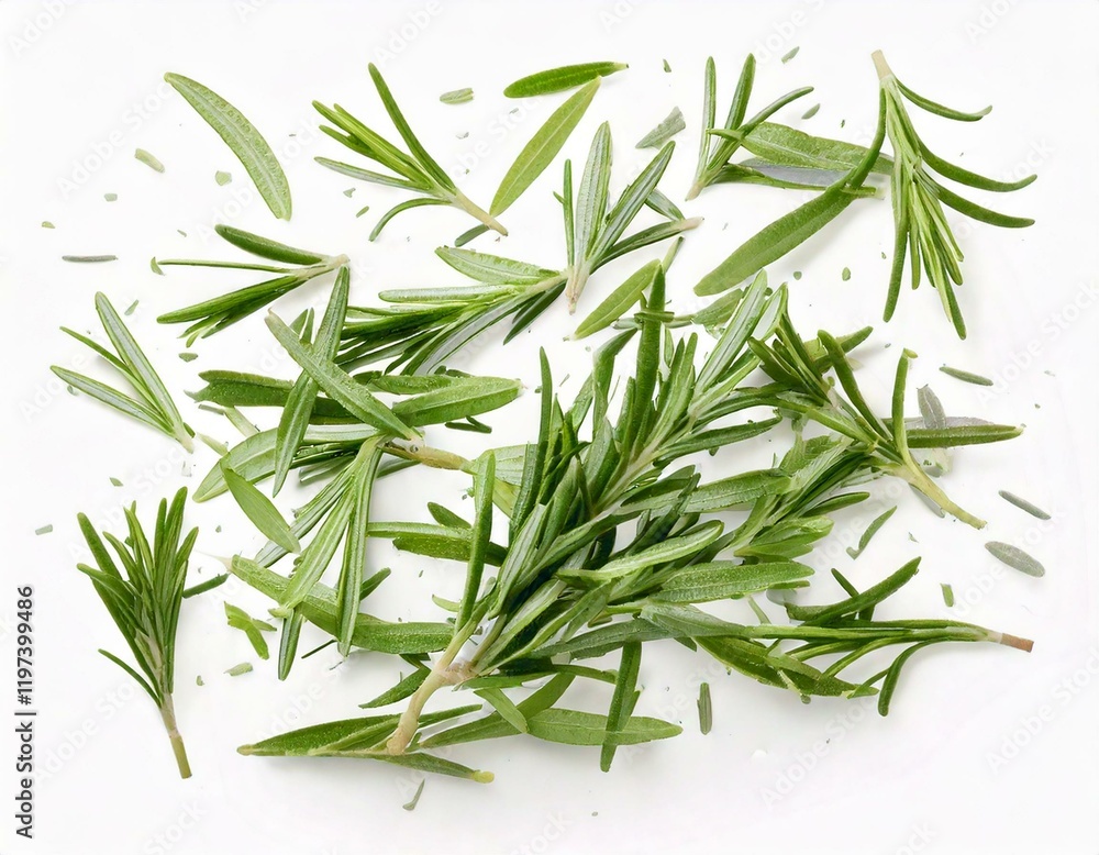 Obraz premium Falling rosemary leaves Isolated on White Background
