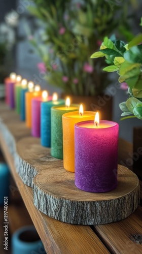 Colorful candles arranged on wooden shelf in cozy indoor setting