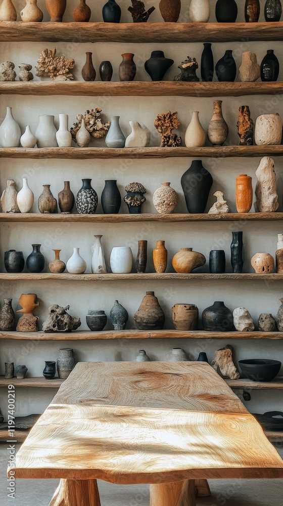 Obraz premium Vibrant collection of ceramic vases and flowers arranged on shelves in a cozy shop interior