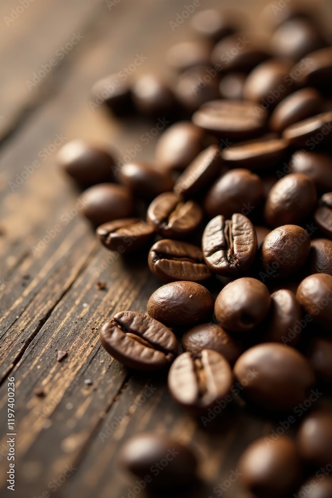 Naklejka premium Close-up of coffee beans on aged wooden board , close-up, backdrop