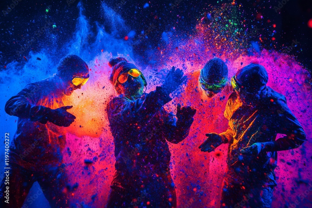 Fototapeta premium Colorful celebration of joy as people throw powder during a vibrant street festival in the city