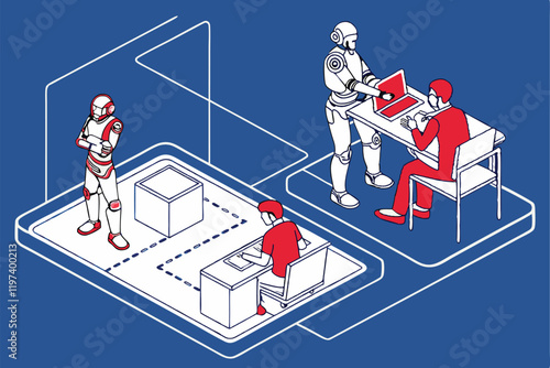 Humans and robots working together, office setting, blue background, flat illustration style, minimalist design, collaborative workspace, AI and human interaction, futuristic workplace, contrasting re