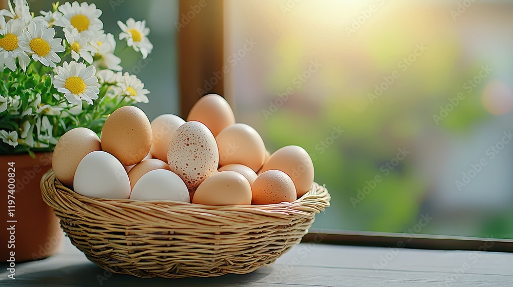 Fresh and Natural Eggs in a Woven Basket with Daisies on a Sunny Windowsill Background Fresh and Natural Eggs in a Woven Basket with Daisies on a Sunny Windowsill Background