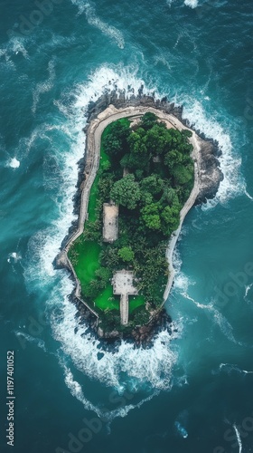 Aerial view of a lush tropical island surrounded by crashing waves and serene...
