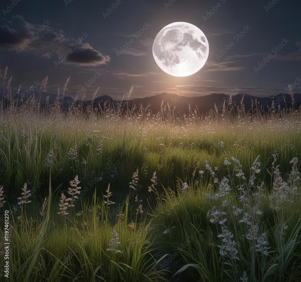 A full moon casts a silver glow over a field of tall grasses and wildflowers, highlighting the beauty of nature, silver glow, natural beauty A full moon casts a silver glow over a field of tall grasses and wildflowers, highlighting the beauty of nature, silver glow, natural beauty