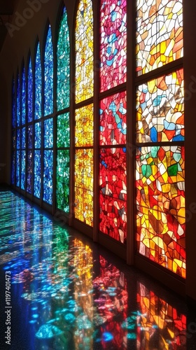 Colorful stained glass windows illuminate a historic building interior during...