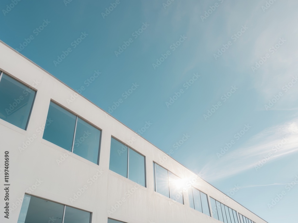Modern industrial building exterior with large windows under clear sky Modern industrial building exterior with large windows under clear sky