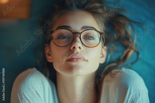 Young woman with glasses relaxing at home in soft light during the evening