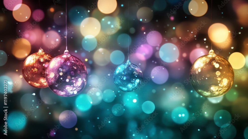 Festive Sparkling Christmas Ornaments Hanging Against a Bokeh Background Festive Sparkling Christmas Ornaments Hanging Against a Bokeh Background