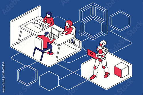 Humans and robots working together, office setting, blue background, flat illustration style, minimalist design, collaborative workspace, AI and human interaction, futuristic workplace, contrasting re
