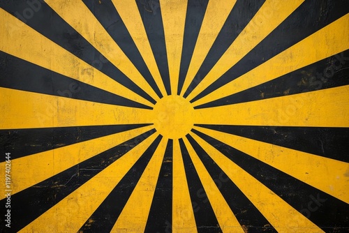 Bold yellow and black sunburst pattern on a weathered surface creating striki...