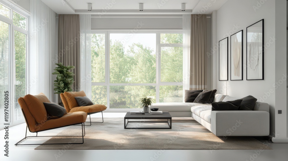 Fototapeta premium A contemporary flat with large windows, trendy furniture, and clean, neutral decor for a bright and airy vibe.