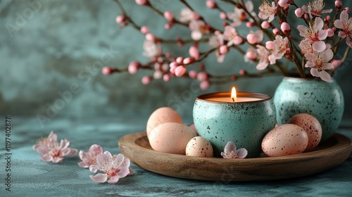 Beautiful spring arrangement with blossoms, decorative eggs, and a candle on ...
