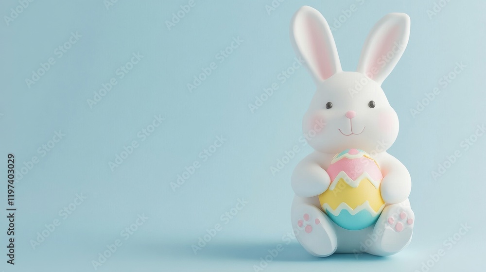 Fototapeta premium 3D clay Easter scene with adorable white rabbit holding a colorful easter egg on blue background, symbolizing spring celebration and joy
