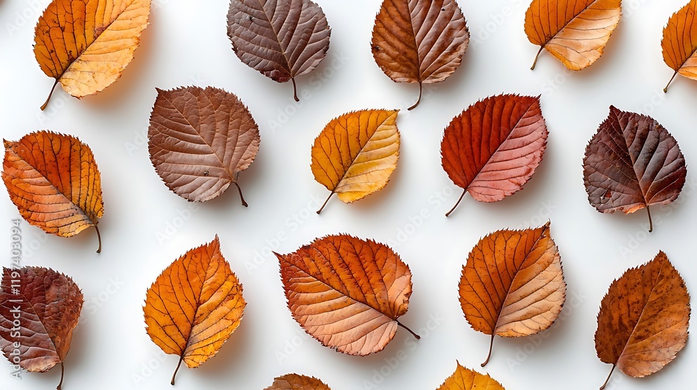 Autumnal Leaf Pattern: Warm-toned Dried Leaves on White Autumnal Leaf Pattern: Warm-toned Dried Leaves on White