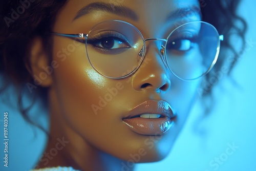 Young woman with glasses relaxing at home in soft light during the evening