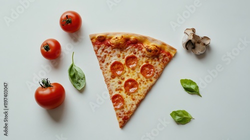 A cheese pizza placed diagonally on a white surface, surrounded by minimal garnishes photo