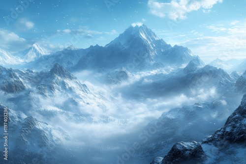 Snowy mountain landscape with clouds and clear blue sky at daytime in winter