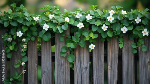 Wooden fence adorned with vibrant greenery and small white flowers in natural...