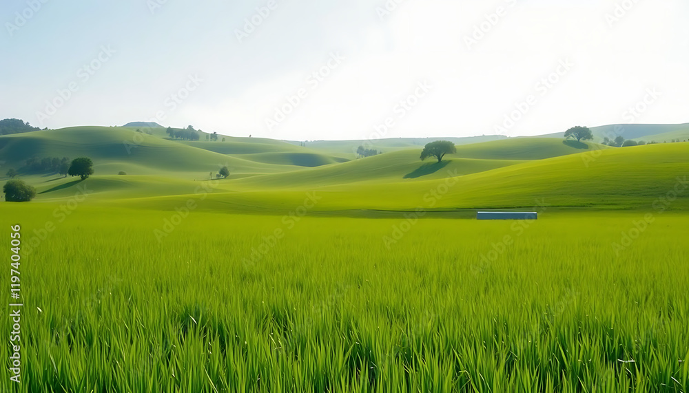 Fototapeta premium Green Meadow Landscape with Rolling Hills and Lush Countryside Views