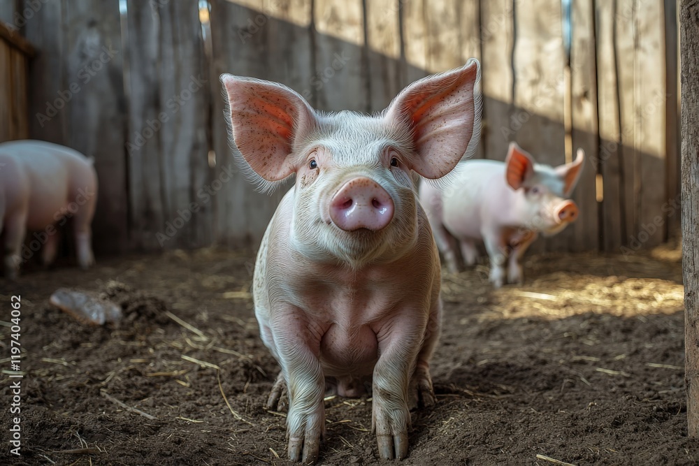 A pig is comfortably sitting on the ground and is looking at the camera A pig is comfortably sitting on the ground and is looking at the camera