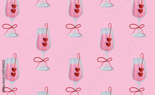 seamless pattern with semicircular wine glasses with pink drink and berries in the shape of hearts and bubbles on a pink background, for festive textiles, packaging or banners