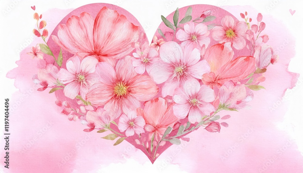 Obraz premium Delicate heart-shaped arrangement of pastel pink flowers on a soft pink watercolor background