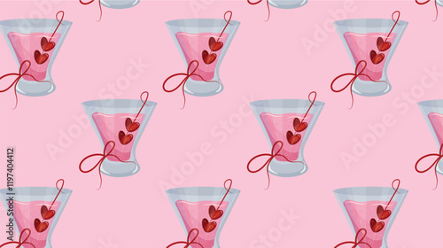 seamless pattern with small glasses with pink drink and berries in the shape of hearts and bubbles on a pink background, for Valentine's Day holiday textile, packaging or banners