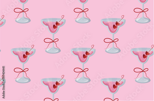 seamless pattern with half-round martini glasses with pink drink and berries in the shape of hearts and bubbles on a pink background, for Valentine's Day holiday textile, packaging or banners