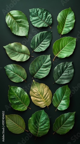 Varied green leaves arranged artistically on a dark background showcasing nat...